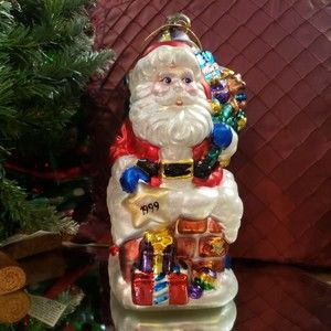 Large Hand Blown BK Brass Key Glass Ornament Santa Chimney Toys 1999 9" Tall